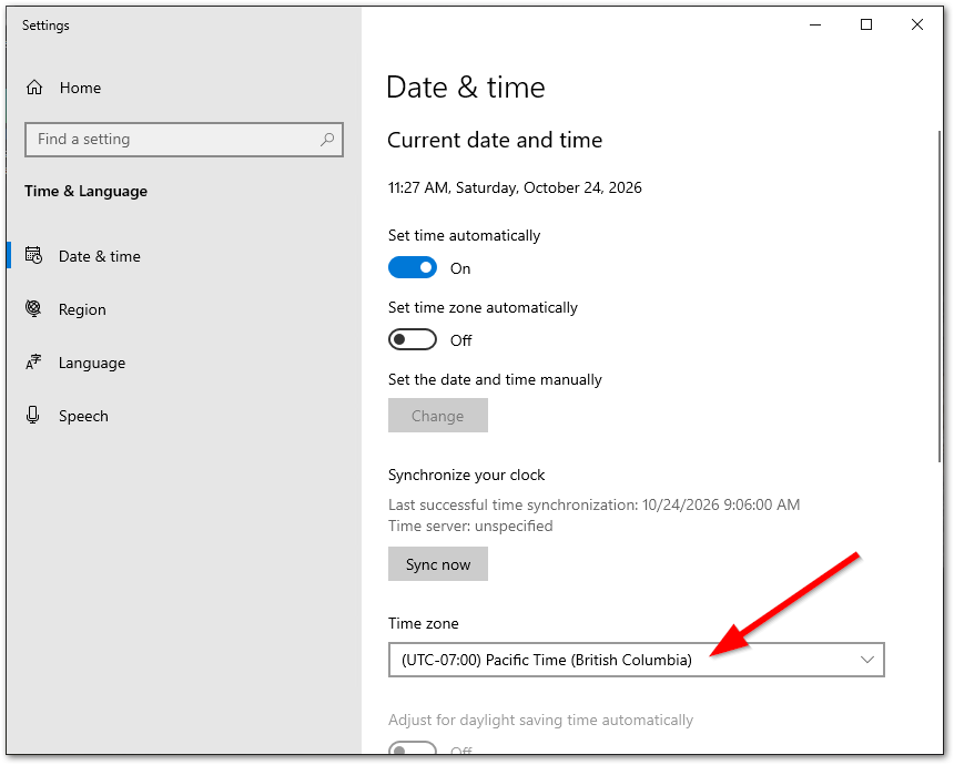 Windows 10 Date and time settings, with an arrow pointing to Pacific Time (British Columbia), UTC minus 7.