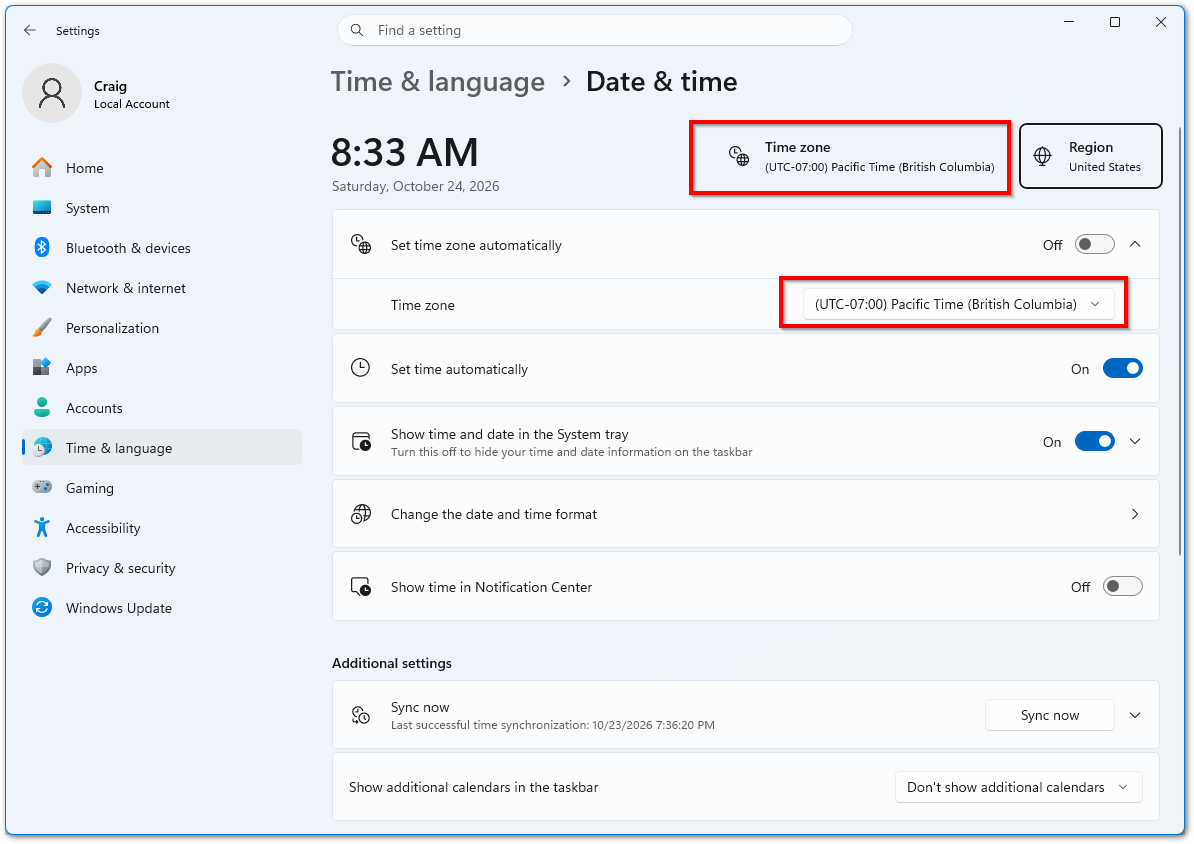 Windows 11 Date and time settings, with the Pacific Time (British Columbia) setting outlined in red.